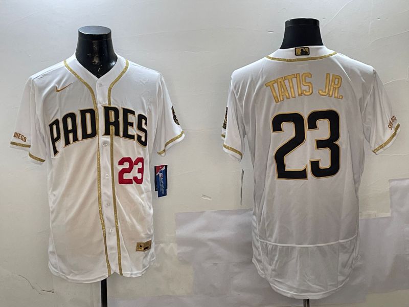 Men San Diego Padres #23 Tatis jr White Gold Elite 2025 Nike MLB Jersey style 2